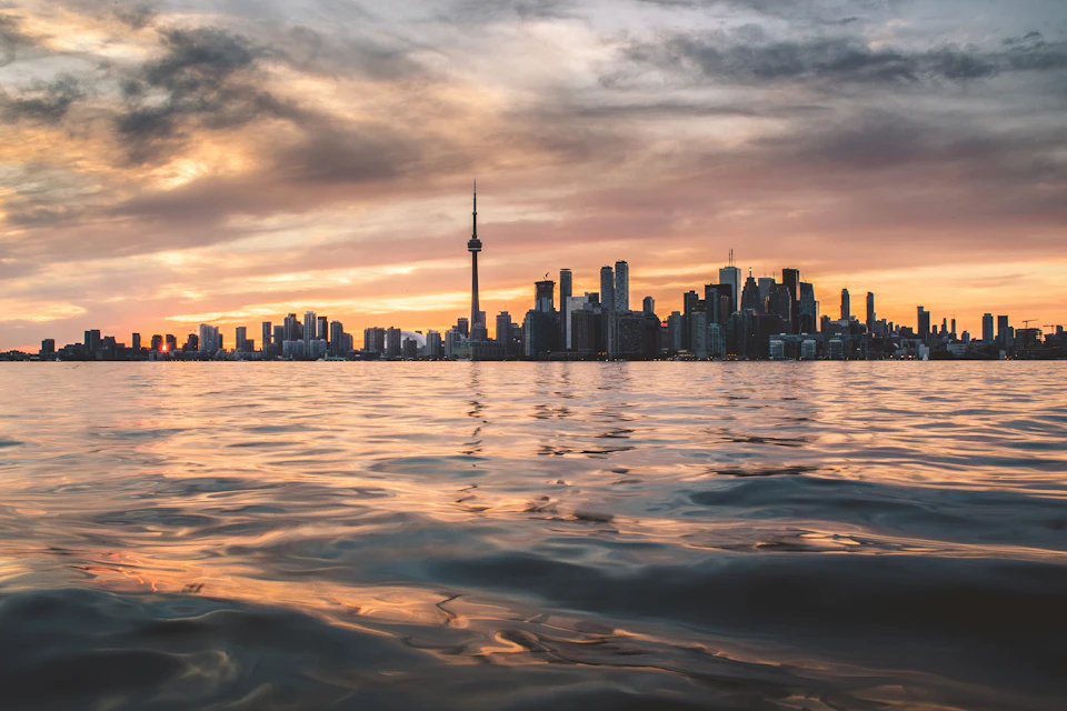 Toronto skyline and CN Tower seen across Lake Ontario